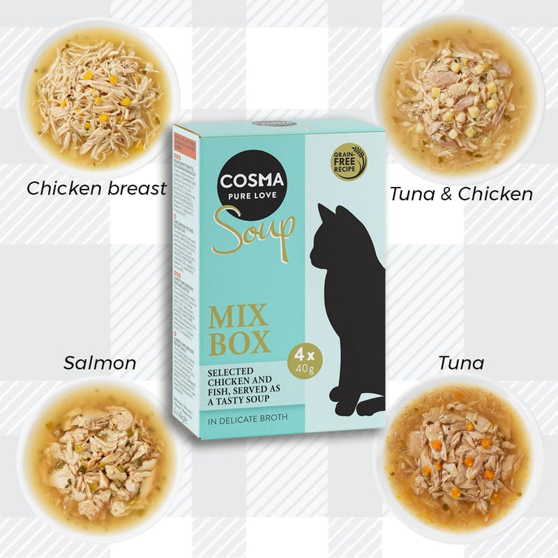 AETN Creations Cosma Soup Mix Box Wet Cat Food in Chicken and Fish Flavour 16x40g - Grain-free, Supplementary Meal for Adult Cats with AETN Cat Treat