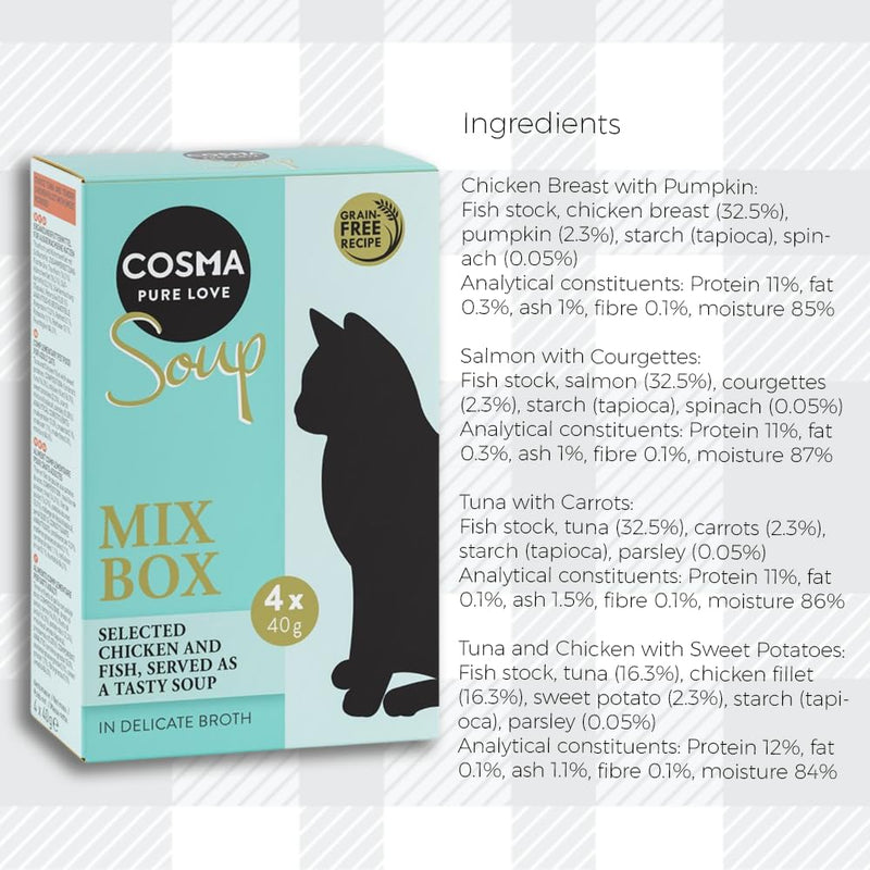 AETN Creations Cosma Soup Mix Box Wet Cat Food in Chicken and Fish Flavour 16x40g - Grain-free, Supplementary Meal for Adult Cats with AETN Cat Treat