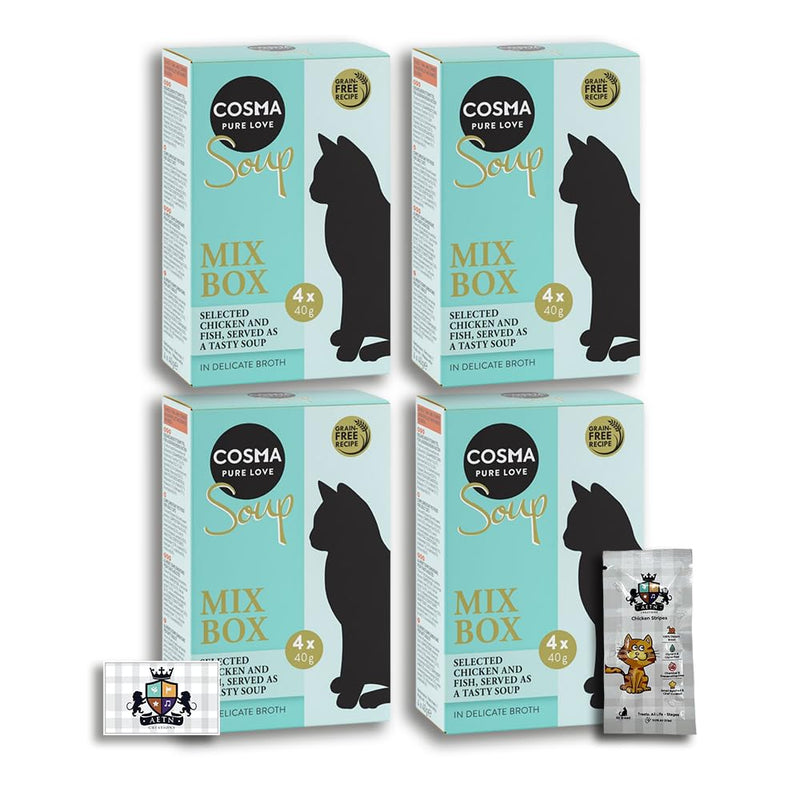 AETN Creations Cosma Soup Mix Box Wet Cat Food in Chicken and Fish Flavour 16x40g - Grain-free, Supplementary Meal for Adult Cats with AETN Cat Treat