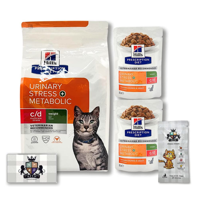 AETN Creations Prescription Diet C/D Urinary Stress plus Metabolic 1.5kg plus 2x85g Wet with AETN Cat Treat pack for Urinary Health & Weight Control