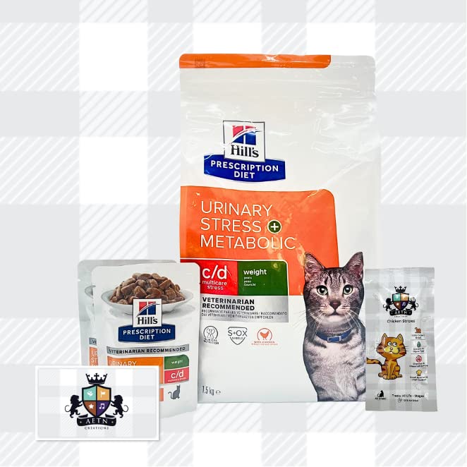 AETN Creations Prescription Diet C/D Urinary Stress plus Metabolic 1.5kg plus 2x85g Wet with AETN Cat Treat pack for Urinary Health & Weight Control