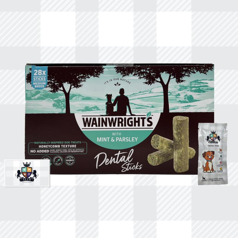 AETN Creations Wainwright's Medium Breed Dog Dental Sticks - 28 Pack of Mint and Parsley and AETN Creations Jerky Treat, Boost and Nourish Dental Health