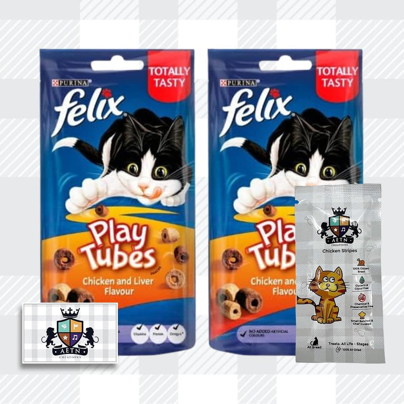 AETN Creations Felix Play Tubes Cat Treat Bundle Pack 2x50g Pouches Chicken and Liver Flavour plus AETN Chicken Stripes Treat Tasty Delicious Snack