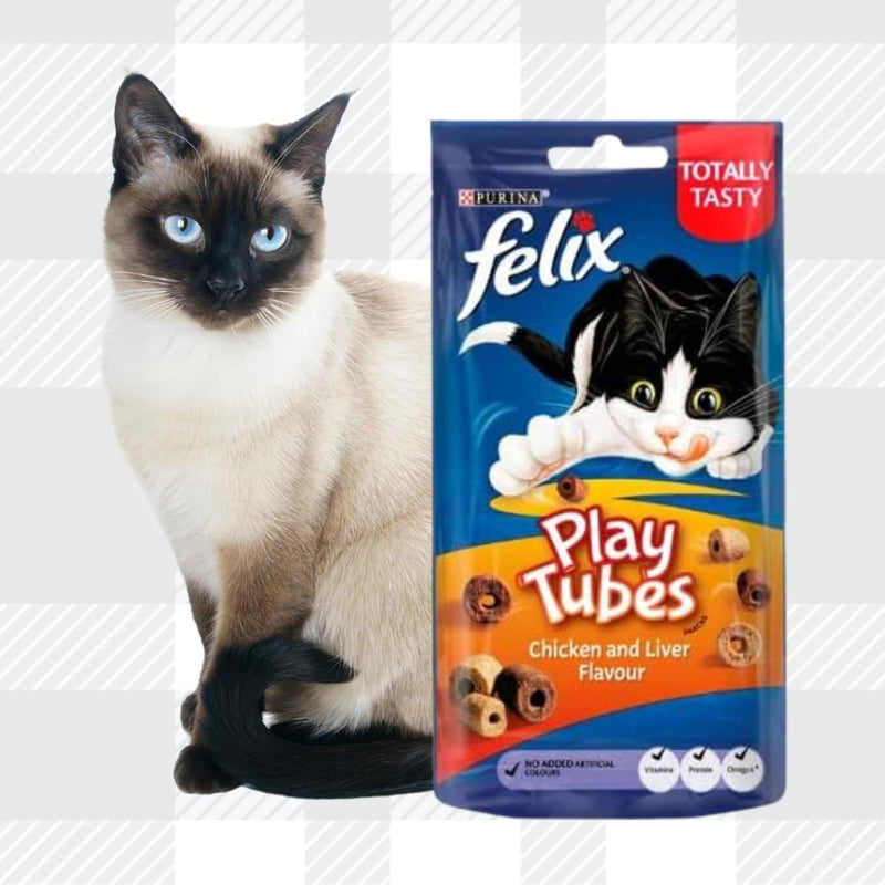 AETN Creations Felix Play Tubes Cat Treat Bundle Pack 2x50g Pouches Chicken and Liver Flavour plus AETN Chicken Stripes Treat Tasty Delicious Snack