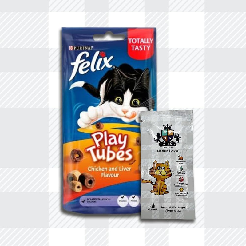 AETN Creations Felix Play Tubes Cat Treat Bundle Pack 2x50g Pouches Chicken and Liver Flavour plus AETN Chicken Stripes Treat Tasty Delicious Snack