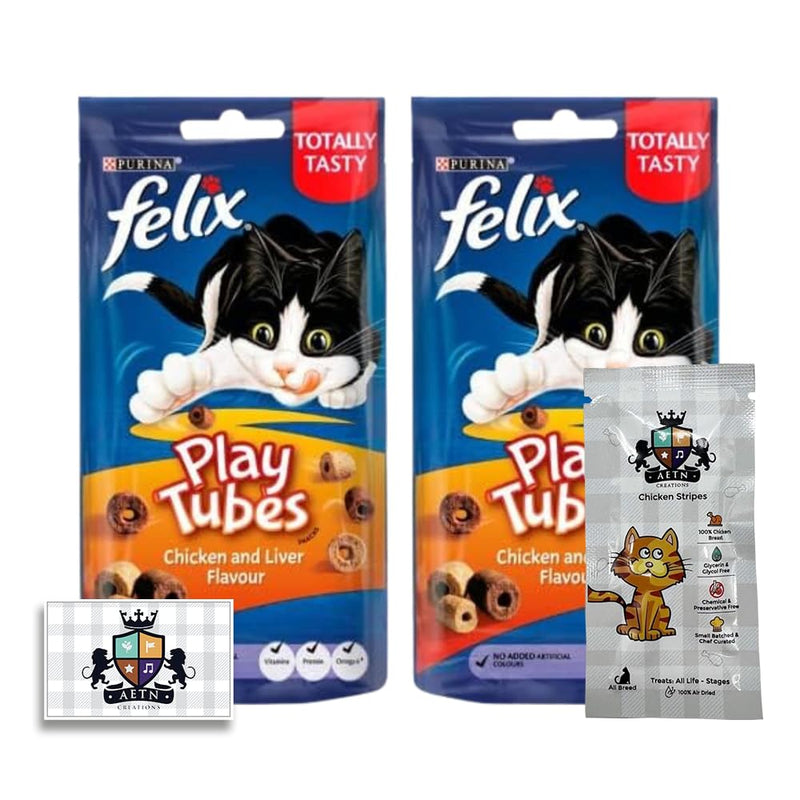 AETN Creations Felix Play Tubes Cat Treat Bundle Pack 2x50g Pouches Chicken and Liver Flavour plus AETN Chicken Stripes Treat Tasty Delicious Snack