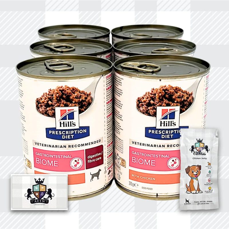 AETN Creations Prescription Diet Canine Gastrointestinal Biome in Chicken 6x354g Wet Food for Adult Dogs with Digestive Difficulties plus AETN Jerky Treat