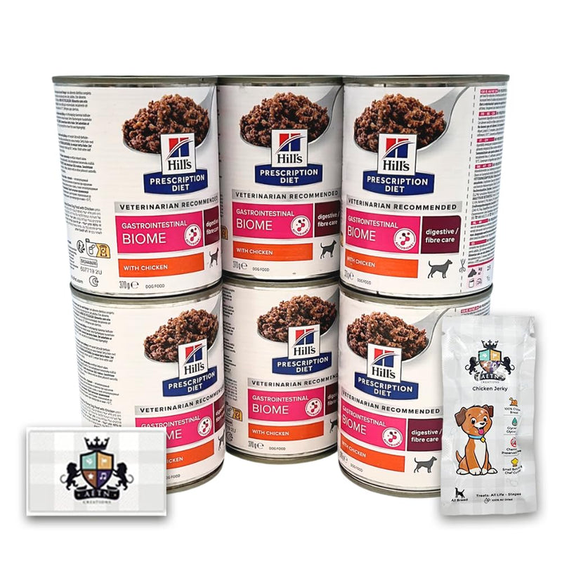 AETN Creations Prescription Diet Canine Gastrointestinal Biome in Chicken 6x354g Wet Food for Adult Dogs with Digestive Difficulties plus AETN Jerky Treat