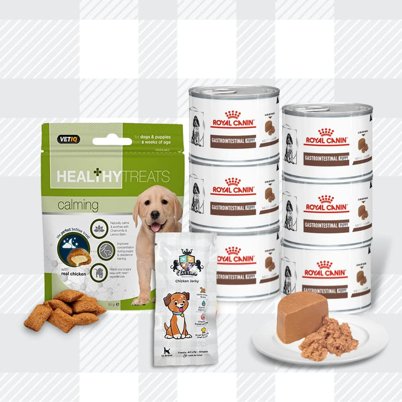 Gastro Intestinal Puppy Food Bundle 6x195g Wet Tins plus Healthy Treats 50g and AETN Creations Chicken Jerky Treat Complete Dietetic Feed for Puppies