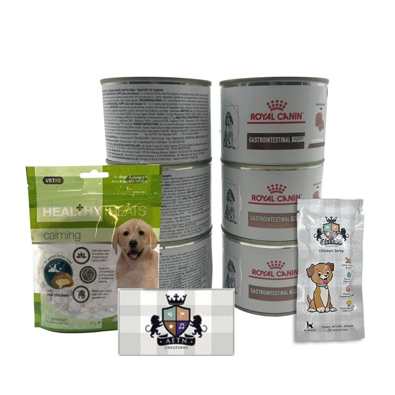 Gastro Intestinal Puppy Food Bundle 6x195g Wet Tins plus Healthy Treats 50g and AETN Creations Chicken Jerky Treat Complete Dietetic Feed for Puppies