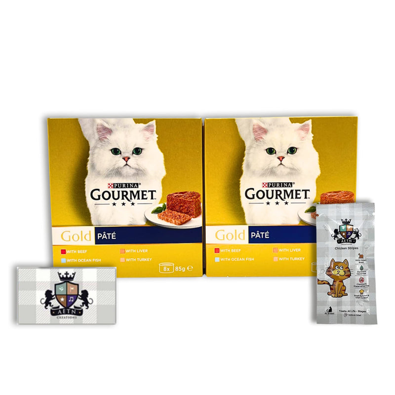 AETN Creations Gourmet Gold Pate Double Pack 2x8x85g Delicious Recipes Ocean Fish, Liver, Turkey, Beef plus AETN Creations Chicken Cat Treat for Adult Cat