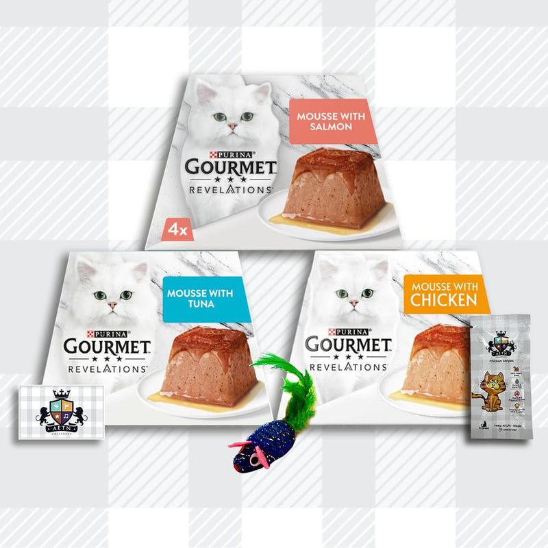 AETN Creations Gourmet Revelations Mousse Variety Pack in Chicken, Tuna, Salmon Delights 3x4x57g Wet Cat Food complete with AETN Cat Treat and Mouse Toy