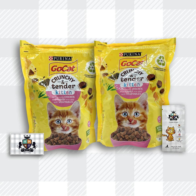 AETN Creations Purina Go-Cat Crunchy and Tender Kitten Food 2x800g Nutrient-Packed Delight Chicken and Turkey with Vegetables plus Delicious AETN Cat Treat