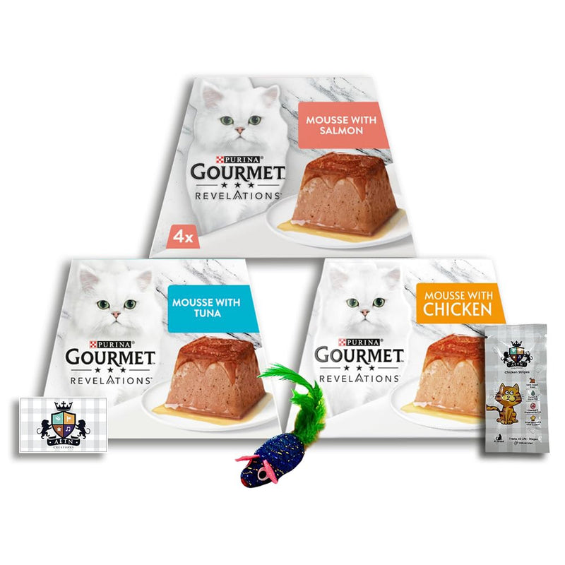 AETN Creations Gourmet Revelations Mousse Variety Pack in Chicken, Tuna, Salmon Delights 3x4x57g Wet Cat Food complete with AETN Cat Treat and Mouse Toy