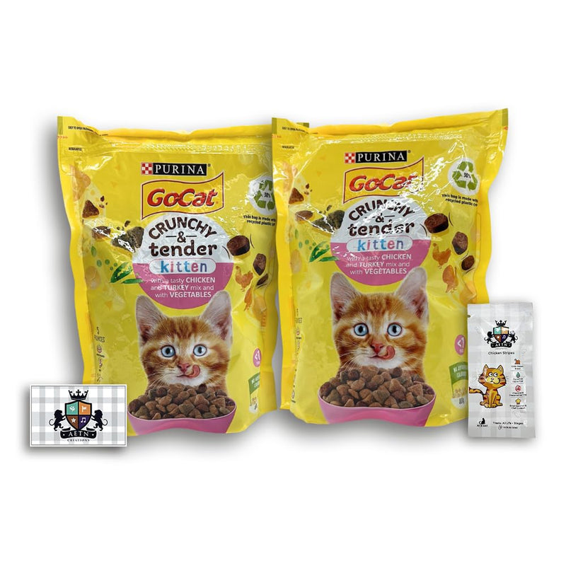 AETN Creations Purina Go-Cat Crunchy and Tender Kitten Food 2x800g Nutrient-Packed Delight Chicken and Turkey with Vegetables plus Delicious AETN Cat Treat