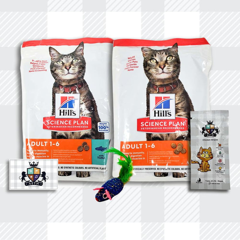 AETN Creations Mixed Hills Dry Cat Food Adult Cats in Chicken 300g and Tuna 300g with AETN Cat Treat and Mouse Toy