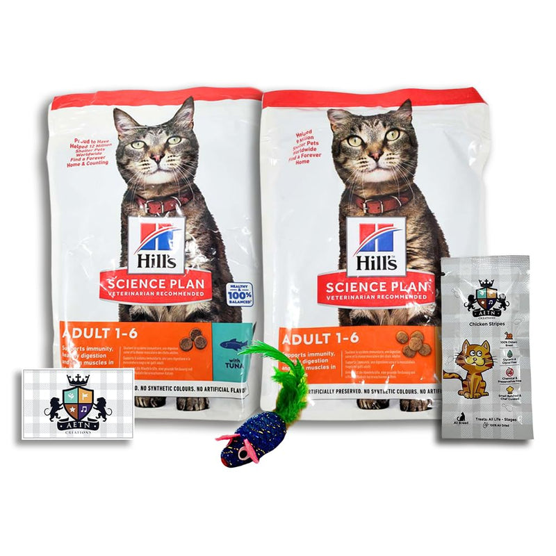 AETN Creations Mixed Hills Dry Cat Food Adult Cats in Chicken 300g and Tuna 300g with AETN Cat Treat and Mouse Toy