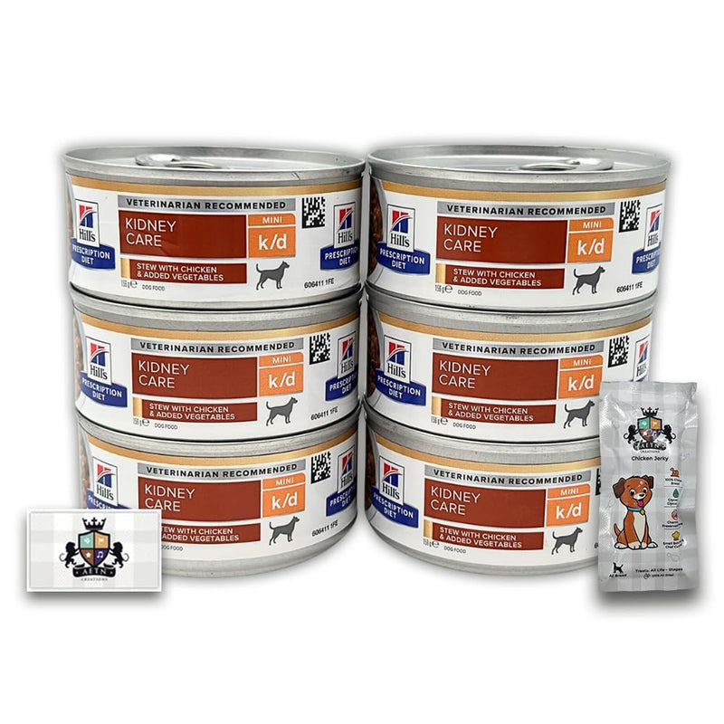 AETN Creations Prescription Diet Canine K/D Stew with Chicken 6x156g Cans plus AETN Jerky Dog Treat, Designed to Support Dogs with Kidney Concerns