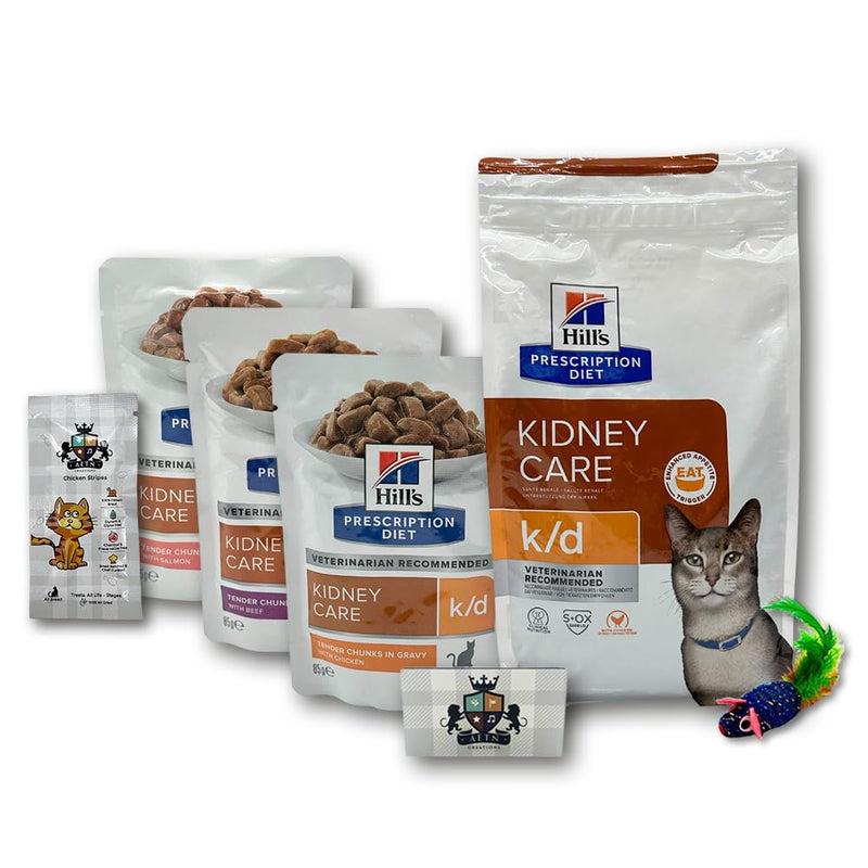 AETN Creations K/D Prescription Diet Variety Pack 3x85g Wet Pouches + 1.5kg Dry with AETN Chicken Cat Treat, Formulated to Improve Renal Health