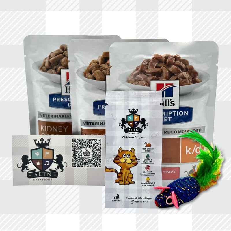 AETN Creations K/D Wet Cat Variety Pack Prescription Diet in Chicken,Beef, Salmon 12x85g plus AETN Treat and Toy