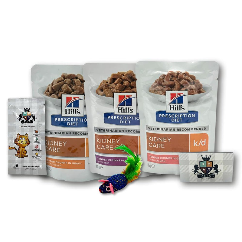 AETN Creations K/D Wet Cat Variety Pack Prescription Diet in Chicken,Beef, Salmon 12x85g plus AETN Treat and Toy