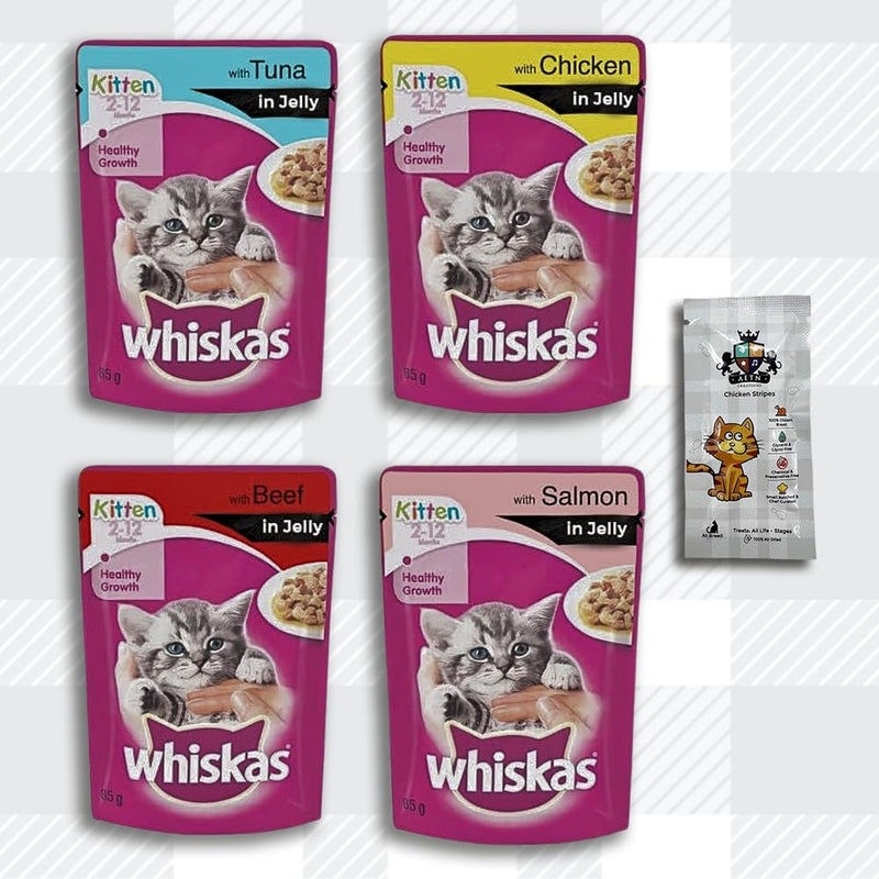 AETN Creations Bundle AETN Chicken Cat Treat with Two Packs Whiskas 2-12 Months Kitten Food Pouches Mixed Selection Jelly - 24x85g Pouches