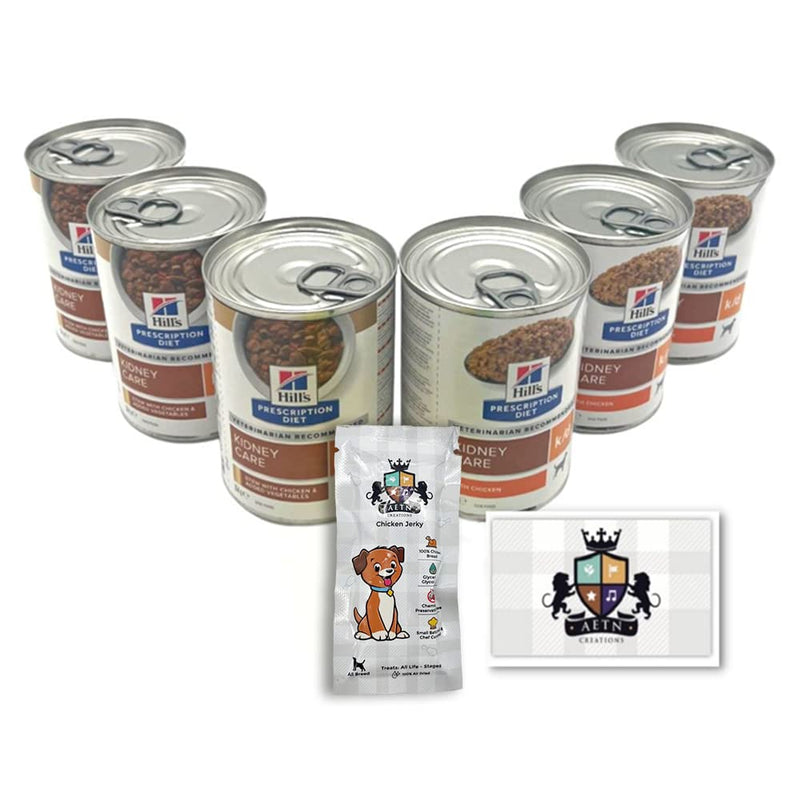 AETN Creations Prescription Diet Canine Kidney Care K/D Wet Dog Mix - 3 Stew / 3 Regular Chicken for Kidney Disease plus AETN Jerky Treat