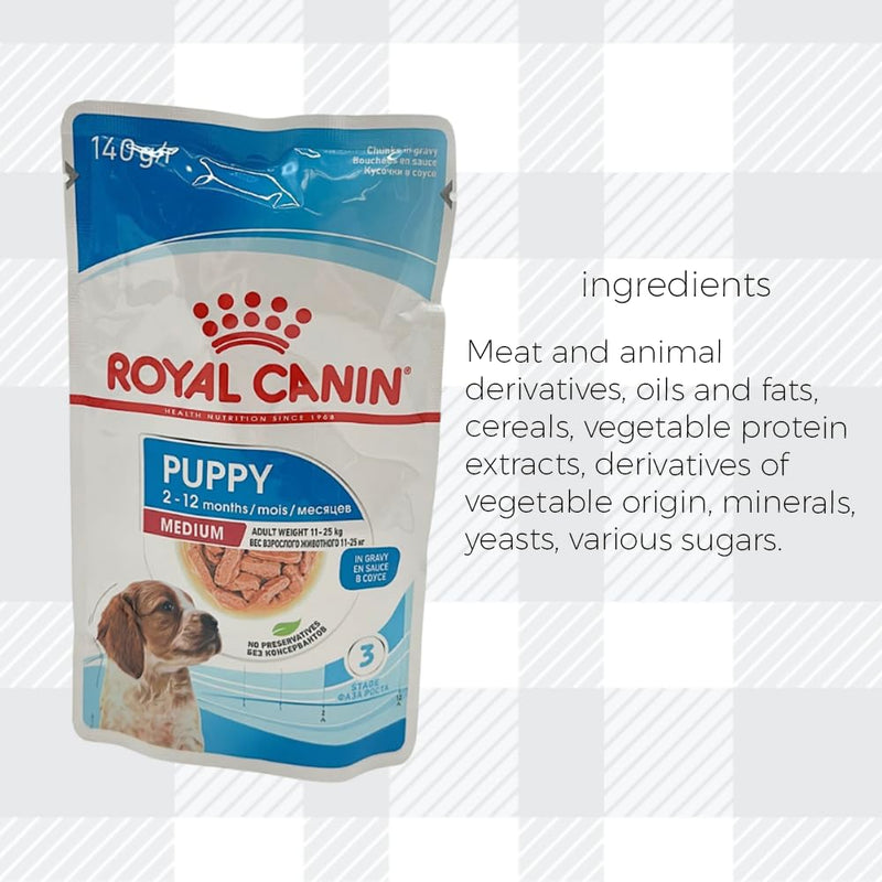 AETN Creations Royal Canin Medium Puppy Dog Food Bundle 10x140g Wet Pouches plus AETN Jerky Treat, and Push Doughnut Toy