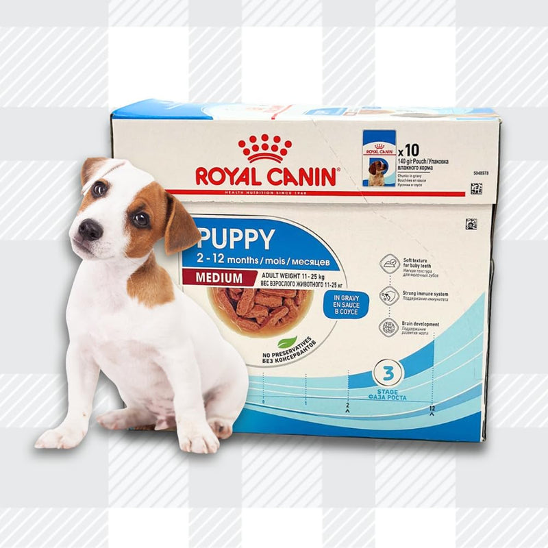 AETN Creations Royal Canin Medium Puppy Dog Food Bundle 10x140g Wet Pouches plus AETN Jerky Treat, and Push Doughnut Toy