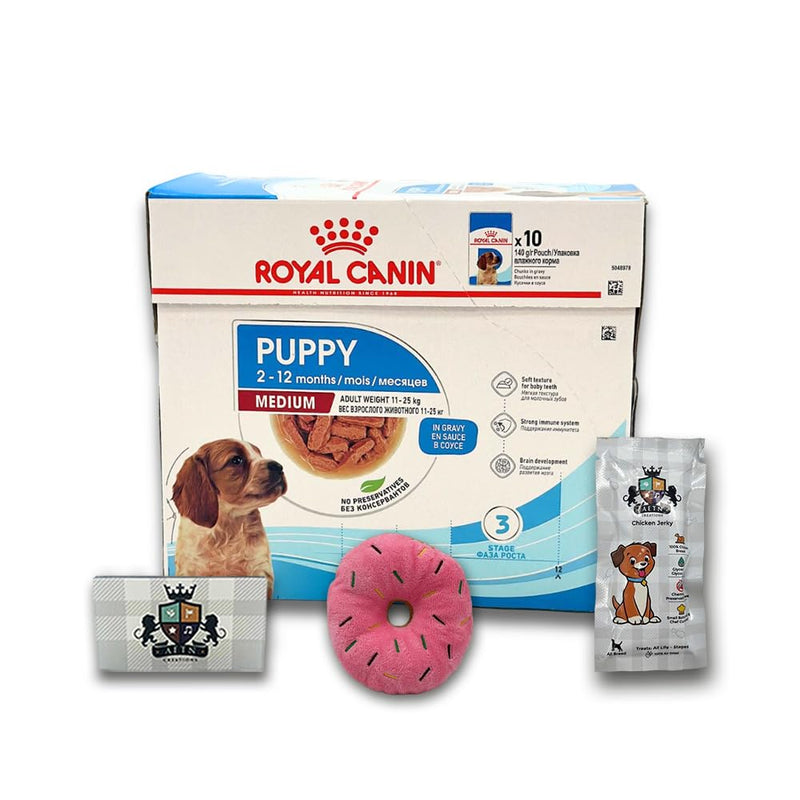 AETN Creations Royal Canin Medium Puppy Dog Food Bundle 10x140g Wet Pouches plus AETN Jerky Treat, and Push Doughnut Toy