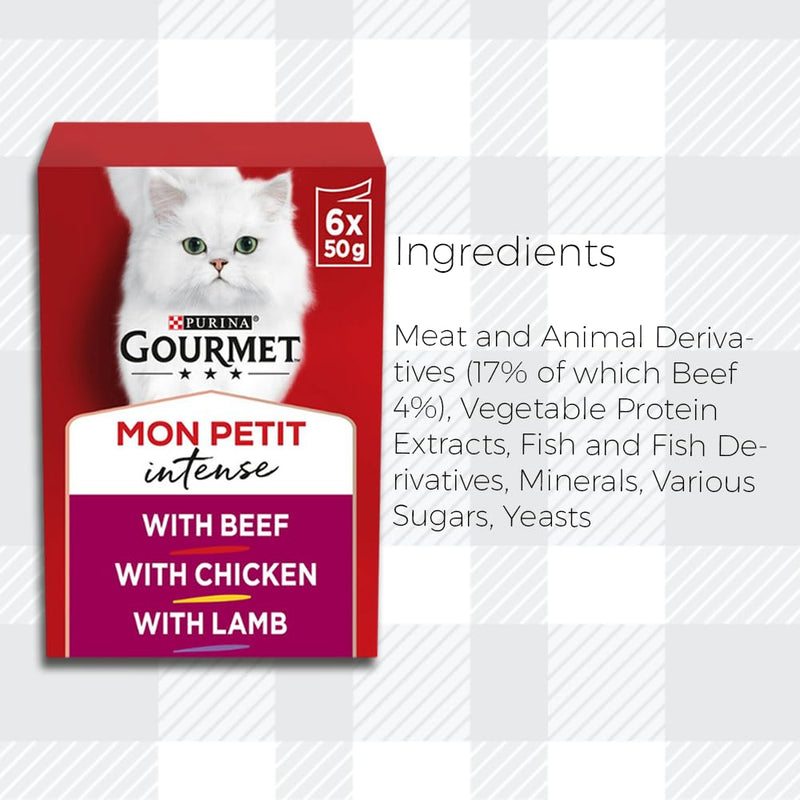 AETN Creations Gourmet Mon Petit Wet Cat Food Bundle 2x6x50g Meat with Beef, Chicken, Lamb plus AETN Cat Treat and Toy, Delicious Meal for Adult Cats