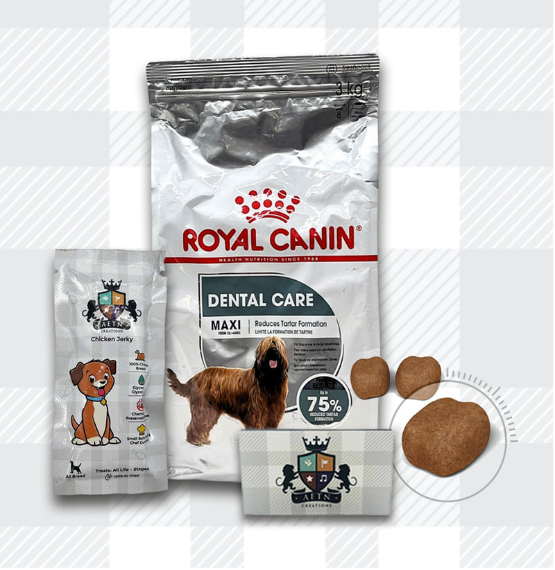 AETN Creations Royal Canin Maxi Dental Care Dog Bundle 3kg Dry Dog Food and AETN Chicken Jerky Treat Helps Maintain Dental Health