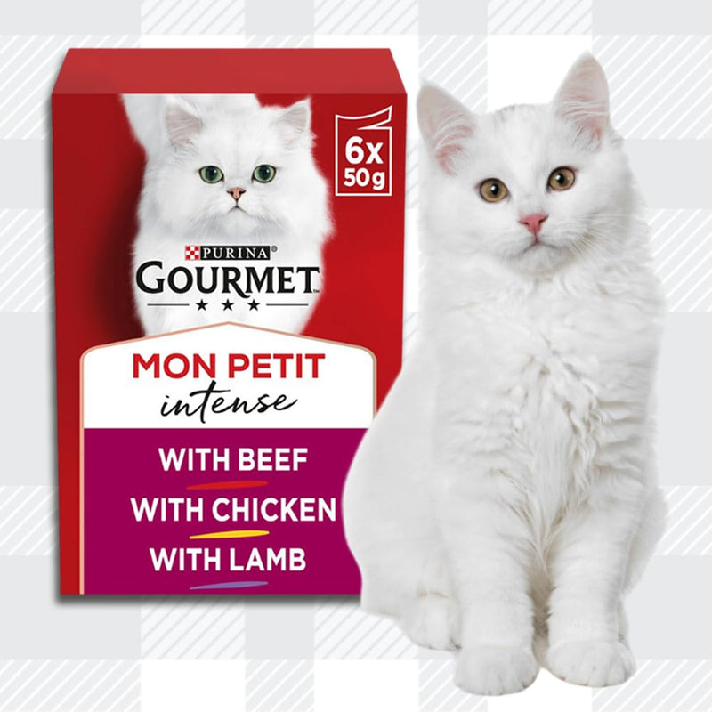 AETN Creations Gourmet Mon Petit Wet Cat Food Bundle 2x6x50g Meat with Beef, Chicken, Lamb plus AETN Cat Treat and Toy, Delicious Meal for Adult Cats