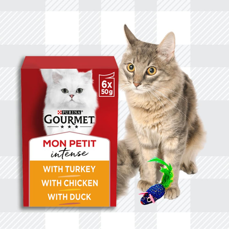 AETN Creations Gourmet Mon Petit Mixed Pack 12x50g Fish and Poultry Wet Cat Food plus AETN Chicken Treat and Toy, Delicious Food for Adult Cats