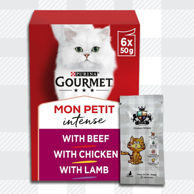 AETN Creations Gourmet Mon Petit Wet Cat Food Bundle 2x6x50g Meat with Beef, Chicken, Lamb plus AETN Cat Treat and Toy, Delicious Meal for Adult Cats