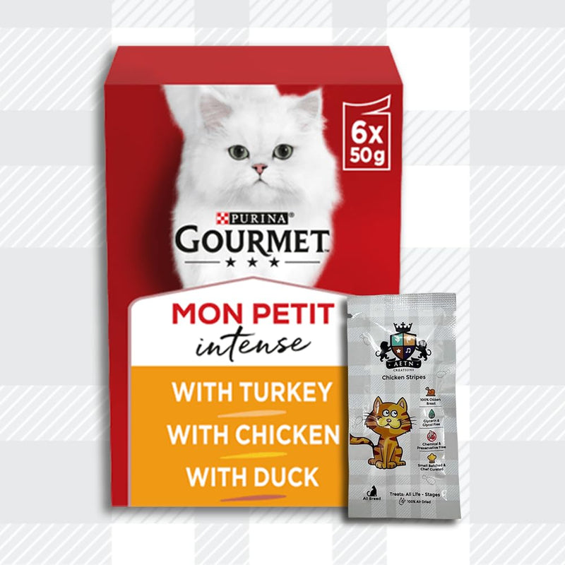 AETN Creations Gourmet Mon Petit Poultry 12x50g Turkey, Chicken and Duck plus AETN Cat Treat,Toy, Delicious and Complete Wet Food for Adult Cats