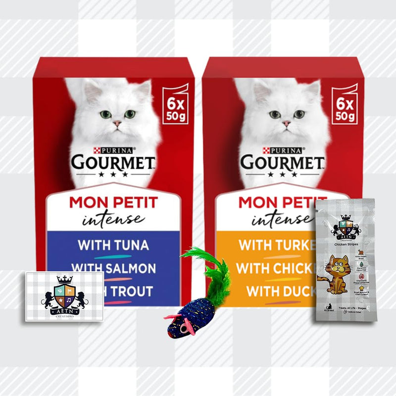 AETN Creations Gourmet Mon Petit Mixed Pack 12x50g Fish and Poultry Wet Cat Food plus AETN Chicken Treat and Toy, Delicious Food for Adult Cats