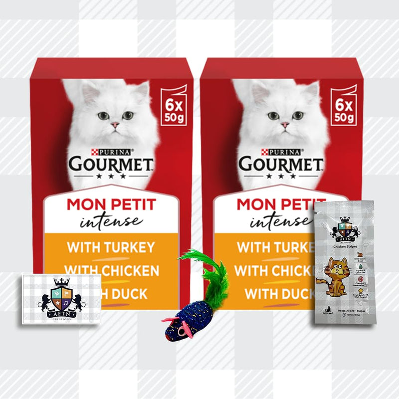 AETN Creations Gourmet Mon Petit Poultry 12x50g Turkey, Chicken and Duck plus AETN Cat Treat,Toy, Delicious and Complete Wet Food for Adult Cats