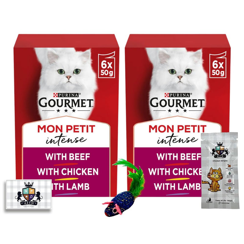 AETN Creations Gourmet Mon Petit Wet Cat Food Bundle 2x6x50g Meat with Beef, Chicken, Lamb plus AETN Cat Treat and Toy, Delicious Meal for Adult Cats