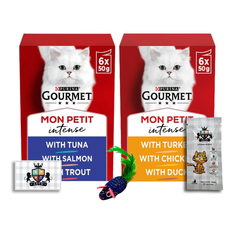 AETN Creations Gourmet Mon Petit Mixed Pack 12x50g Fish and Poultry Wet Cat Food plus AETN Chicken Treat and Toy, Delicious Food for Adult Cats