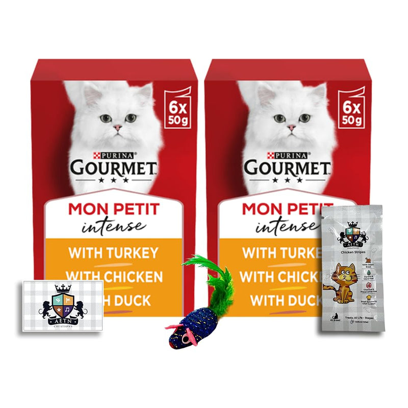 AETN Creations Gourmet Mon Petit Poultry 12x50g Turkey, Chicken and Duck plus AETN Cat Treat,Toy, Delicious and Complete Wet Food for Adult Cats