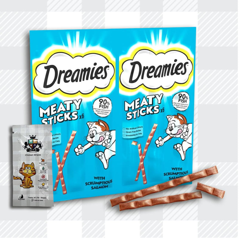 AETN Creations Meaty Sticks Bundle of Dreamies 6x30g in Chicken and Salmon Protein-rich, Savoury Treats for Adult Cats with AETN Cat Treat