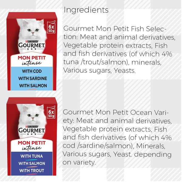 AETN Creations Gourmet Mon Petit 4x6x50g Fish and Ocean Variety Mixed Bundle Pack of Delights for Adult Cats with AETN Cat Treat and Toy