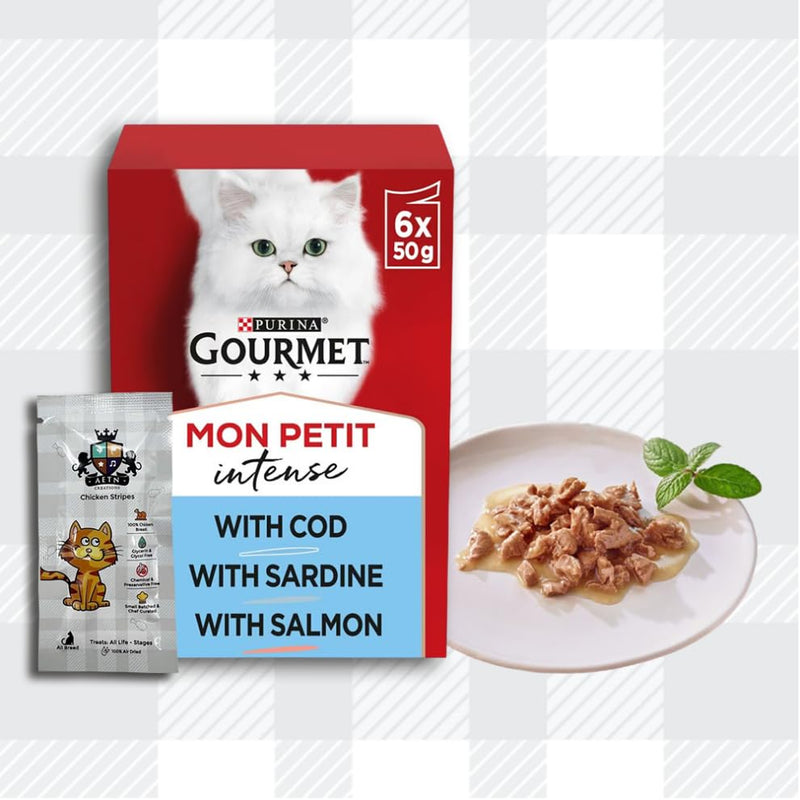 AETN Creations Gourmet Mon Petit 4x6x50g Fish and Ocean Variety Mixed Bundle Pack of Delights for Adult Cats with AETN Cat Treat and Toy