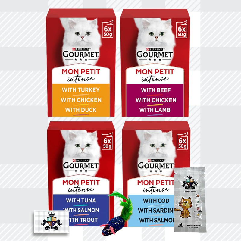 AETN Creations Gourmet Mon Petit Mix Selection Delights 4x6x50g Adult Wet Cat Food of Assortment Flavours with Fun Toy Mouse and Delicious AETN Chicken Treat