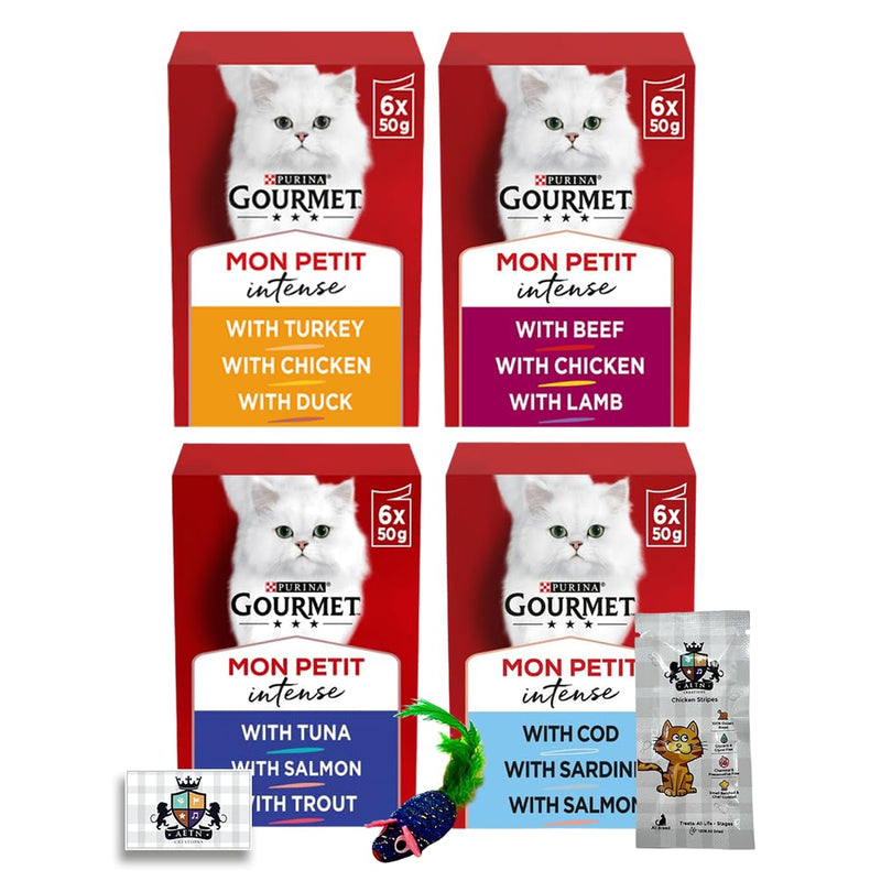 AETN Creations Gourmet Mon Petit Mix Selection Delights 4x6x50g Adult Wet Cat Food of Assortment Flavours with Fun Toy Mouse and Delicious AETN Chicken Treat