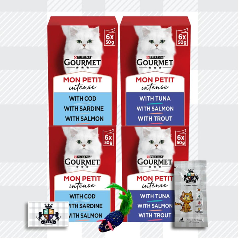 AETN Creations Gourmet Mon Petit 4x6x50g Fish and Ocean Variety Mixed Bundle Pack of Delights for Adult Cats with AETN Cat Treat and Toy