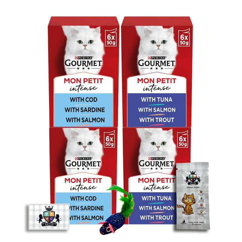 AETN Creations Gourmet Mon Petit 4x6x50g Fish and Ocean Variety Mixed Bundle Pack of Delights for Adult Cats with AETN Cat Treat and Toy