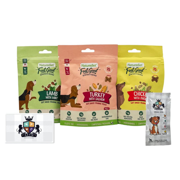 AETN Creations Naturediet Soft Baked Training Treats Mixed Variety Pack 3x100g Chicken, Salmon and Lamb plus AETN Jerky Treat, Train and Reward Your Pup