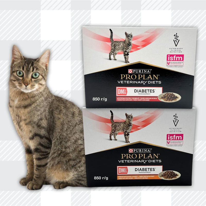 AETN Creations Pro Plan DM Diabetes Management Wet Adult Cat Food in Chicken and Beef - 20x85g Complete with Delicious AETN Chicken Cat Treat